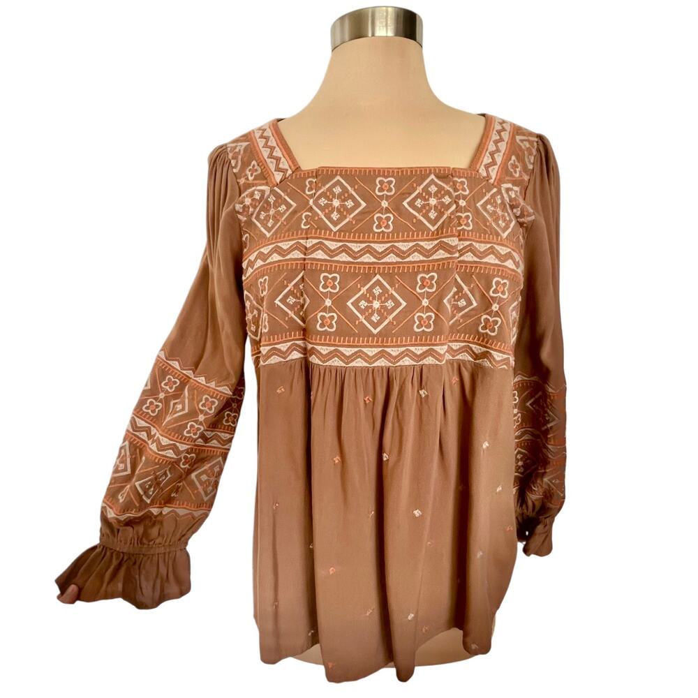 Savanna‎ Jane Embroidered Peasant Top Size L Balloon Sleeves Boho Western Gypsy